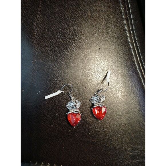 Puppy Dog on Red Rhinestone Heart Earrings Love Valentines Dogs - Picture 5 of 5